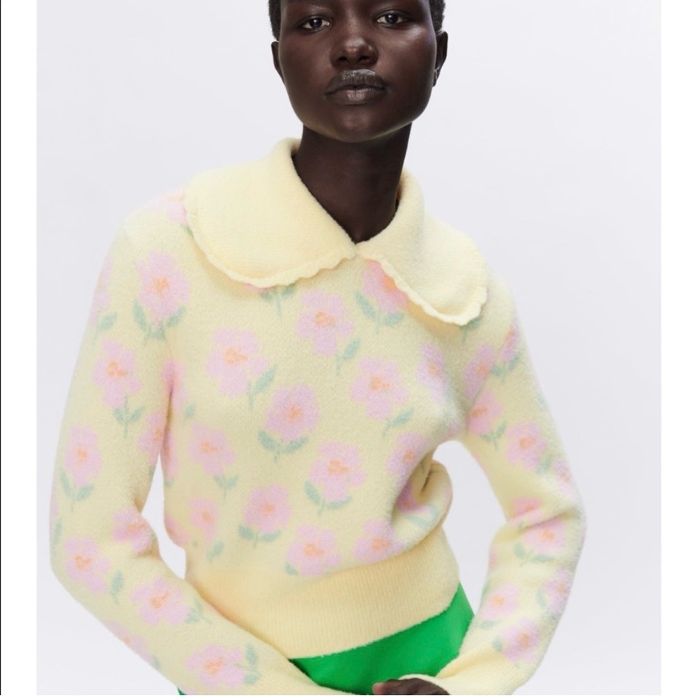 Nwot Zara Pale Yellow Floral Crewneck Sweater sz M - Picture 2 of 6